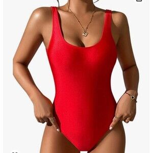 Dixperfect Retro 80s/90s Inspired High Cut Low Back Swimsuit Red Size L New